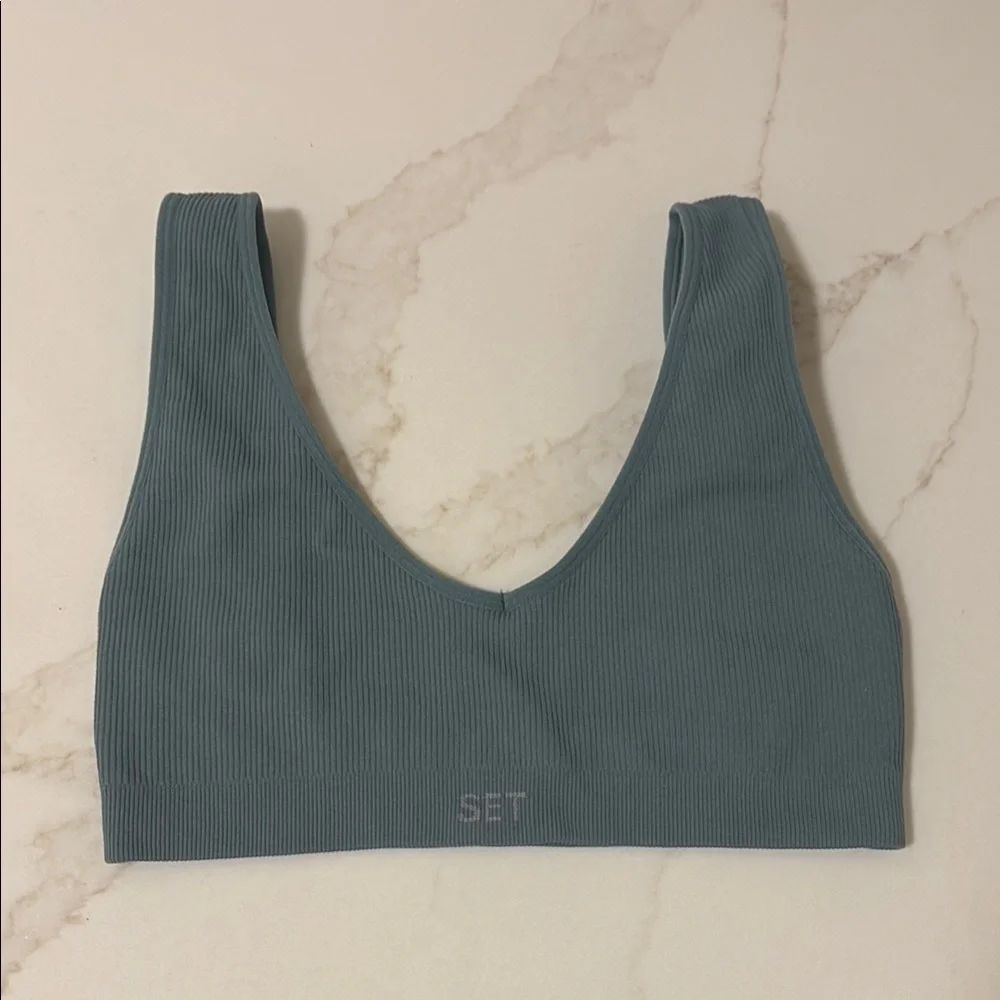 SET Active Ribbed V-Neck Bralette in Dusty Blue